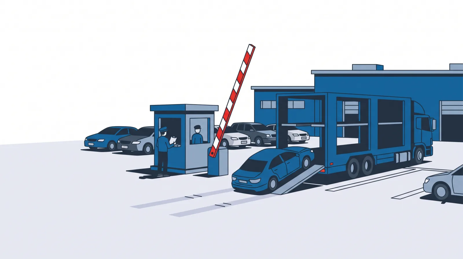 Carinski terminal: šleper istovaruje auto ispred rampe i carinske kućice